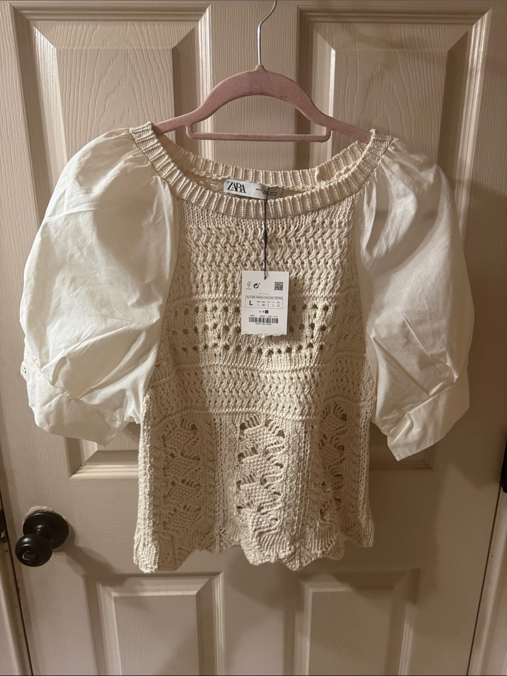 Zara Cream Crochet Puff-Sleeve Knit Top